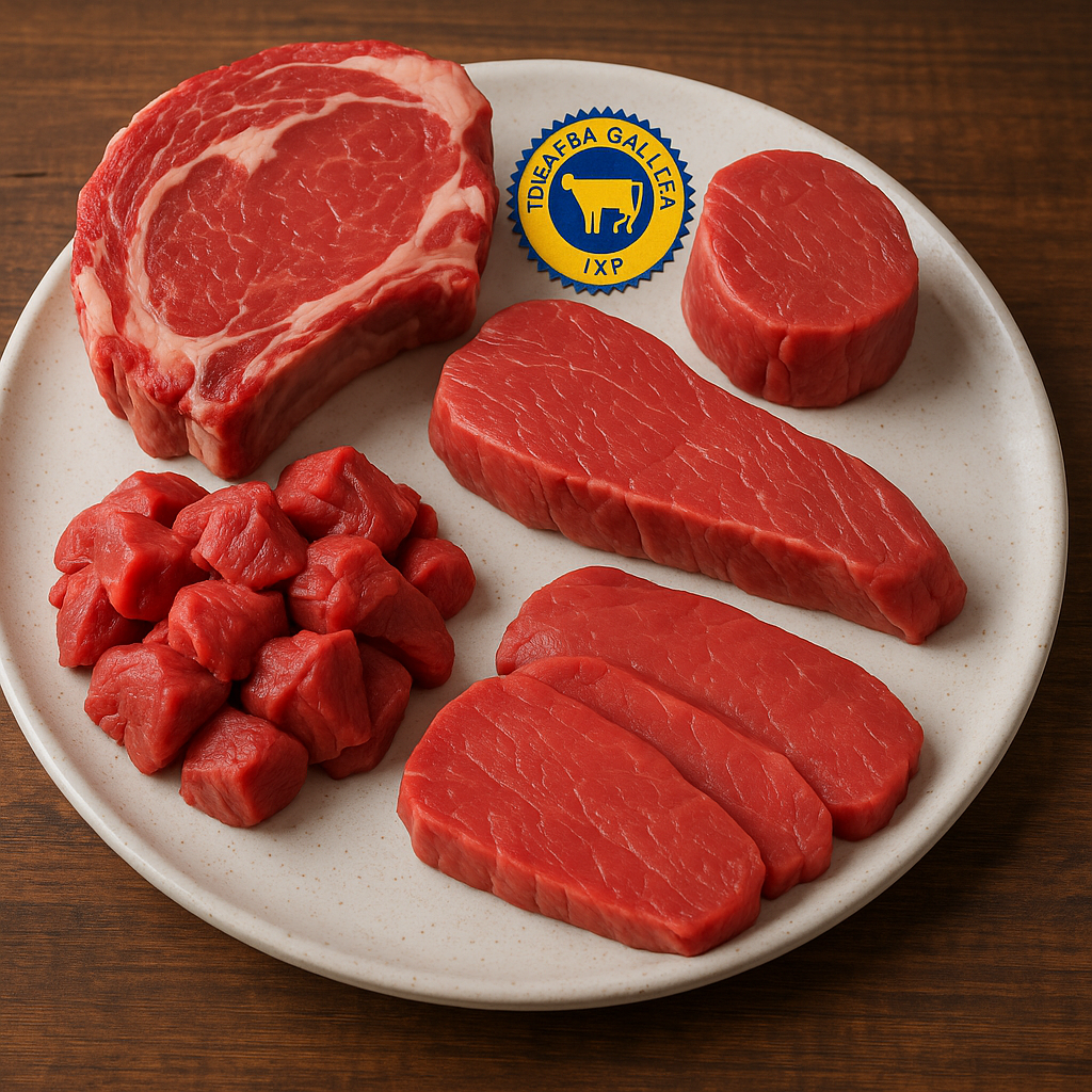 filetes de ternera gallega fresca en tabla de madera con especias y romero