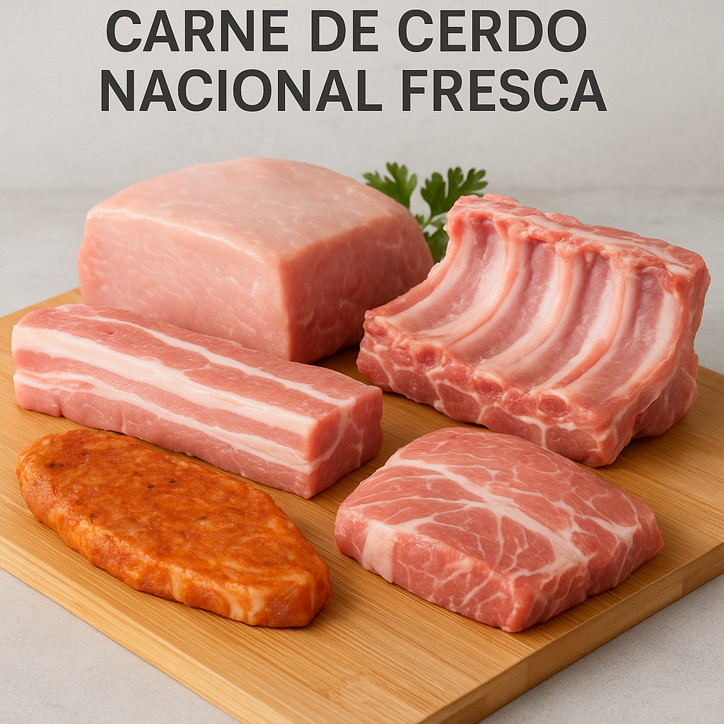 cortes de carne de cerdo nacional como lomo y costillas sobre tabla rustica