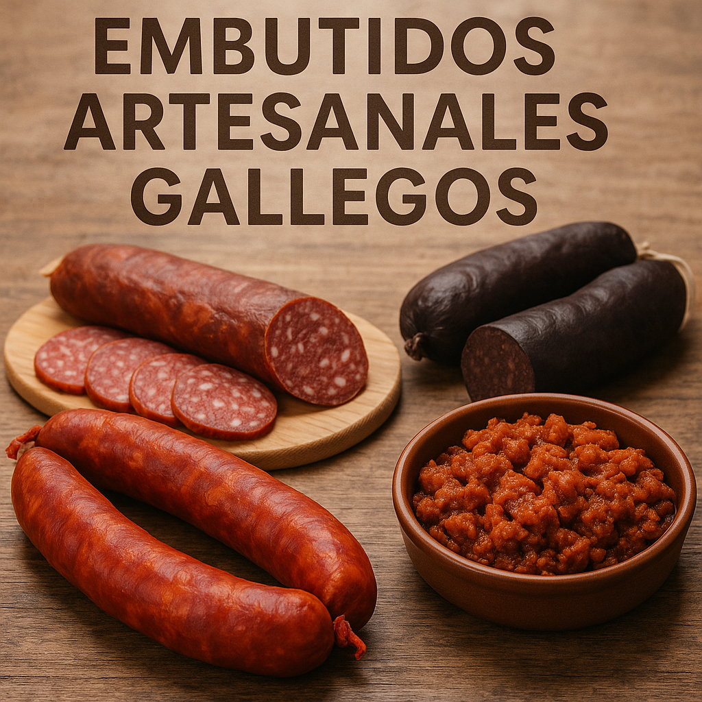 embutidos artesanales gallegos como chorizo y salchichon presentados en expositor rustico